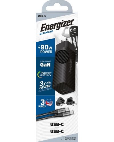 Зарядно устройство Energizer - Multi, USB-A/C, EU/UK/US, 90W, черно - 3