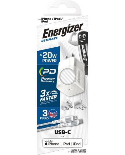 Зарядно устройство Energizer - Multi, USB-C, EU/UK/US, 20W, бяло - 4