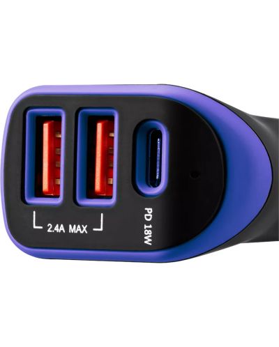 Зарядно за кола Canyon - С-08, USB-A/C, 18W, черно/синьо - 3