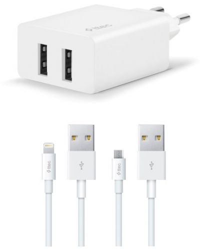 Зарядно устройство ttec - SmartCharger Duo, кабели Lightning и Micro USB, бяло - 1