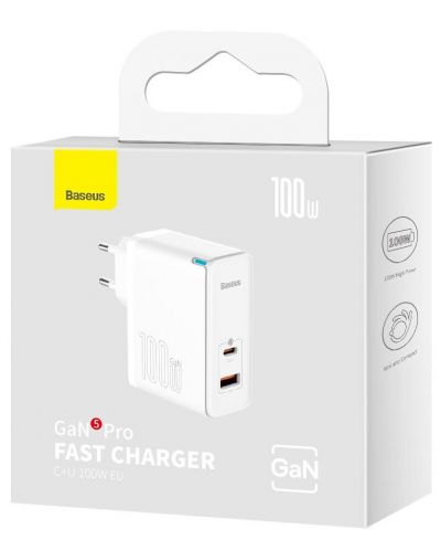 Зарядно устройство Baseus - GaN5 Pro Fast Charger, USB-A/C, 100W, бяло - 6
