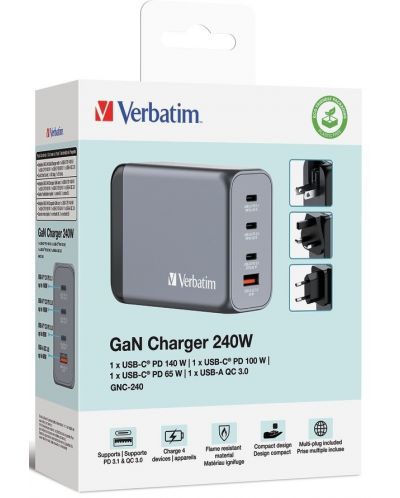 Зарядно устройство Verbatim - GNC-240 GaN 4 Port, USB-A/C, 240W, сиво - 6