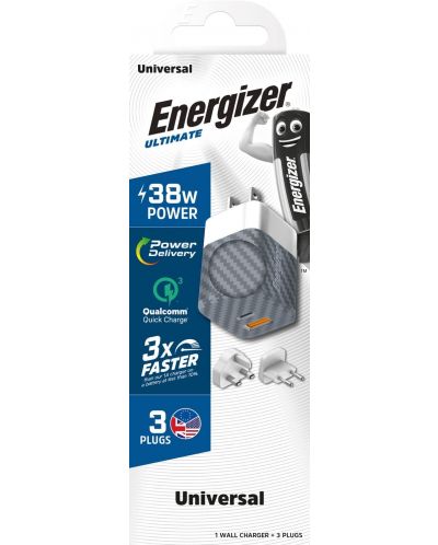 Зарядно устройство Energizer - PD Multi, USB-A/C, EU/UK/US, 38W, сребристо - 2