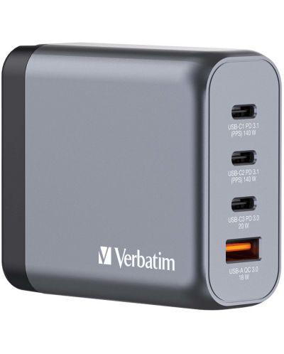 Зарядно устройство Verbatim - GNC-140 GaN 4 Port, USB-A/C, 140W, сиво - 1
