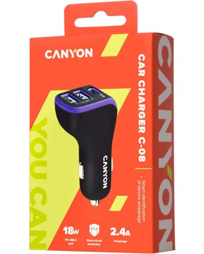 Зарядно за кола Canyon - С-08, USB-A/C, 18W, черно/синьо - 4