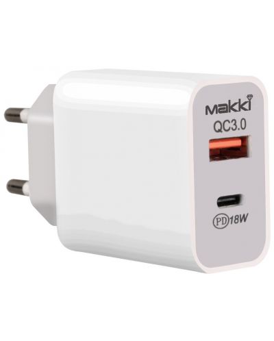 Зарядно устройство Makki - PQ18W-WH FC, USB-A/C, 18W, бяло - 1