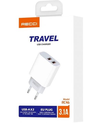 Зарядно устройство Recci - RC-46, USB-A, 3.1A, бяло - 4