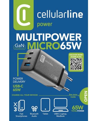Зарядно устройство Cellularline - Multipower GaN, USB-A/C, 65W, черно - 5