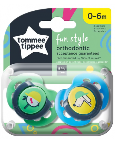 Залъгалки Tоmmee Tippee - Fun Style, 0-6 м, птица/куче, 2 броя - 1