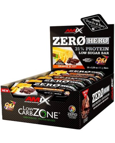 ZeroHero Protein Bar Box, портокал, 15 броя, Amix - 1