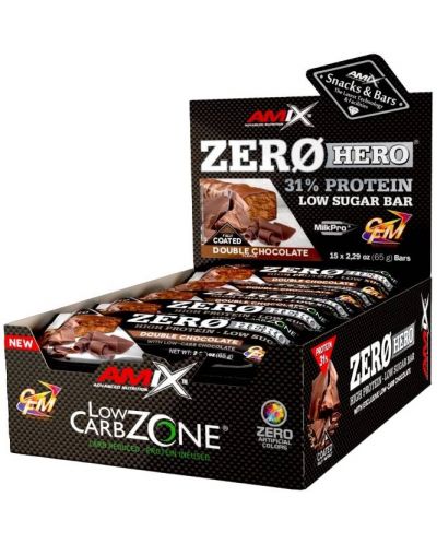ZeroHero Protein Bar Box, двоен шоколад, 15 броя, Amix - 1