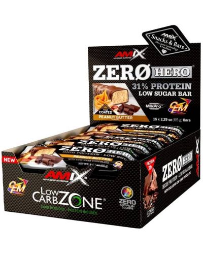 ZeroHero Protein Bar Box, фъстъчено масло, 15 броя, Amix - 1
