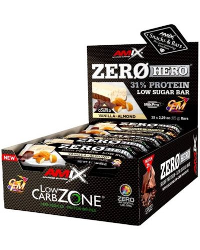 ZeroHero Protein Bar Box, ванилия с бадеми, 15 броя, Amix - 1