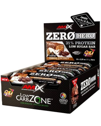 ZeroHero Protein Bar Box, шоколад и кокос, 15 броя, Amix - 1