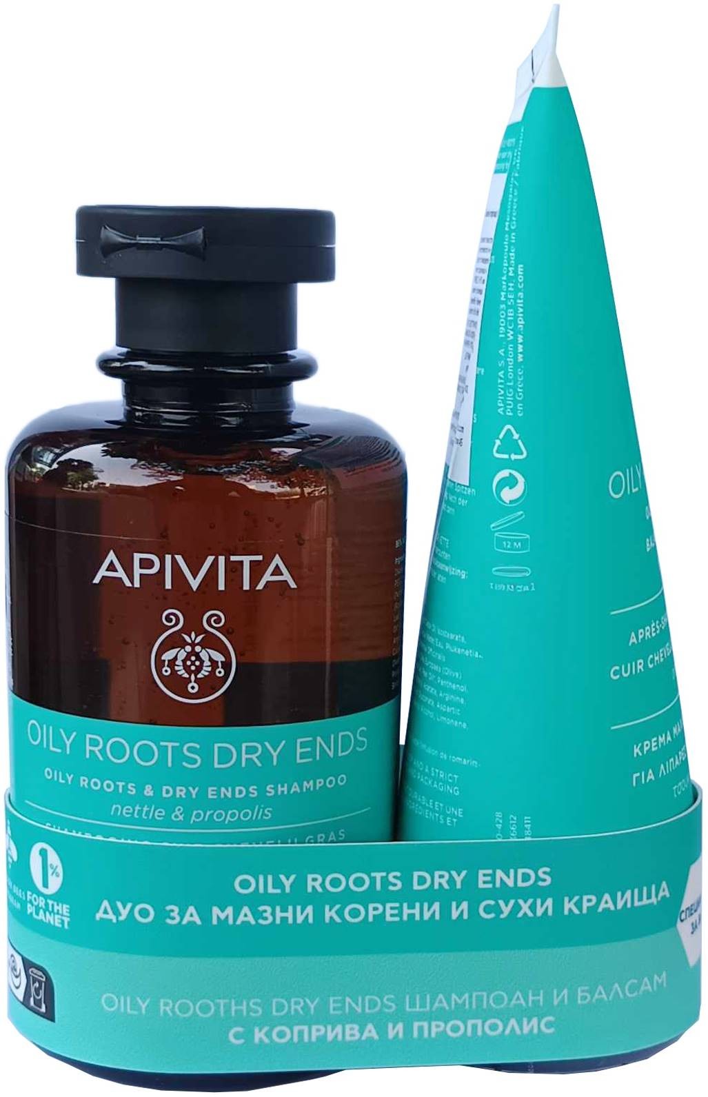 Apivita Комплект Oily Roots Dry Ends - Шампоан и Балсам, 250 + 150 ml ...