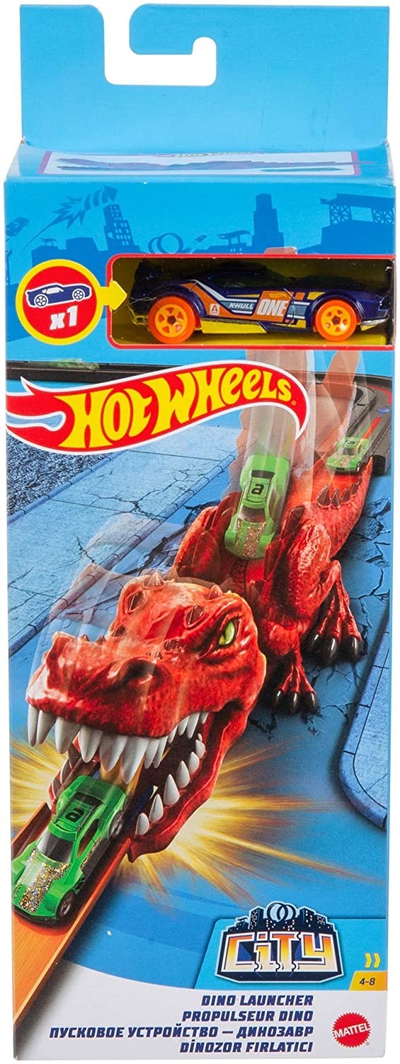 Игрален комплект Hot Wheels City - Изстрелвачка с количка, Динозавър ...