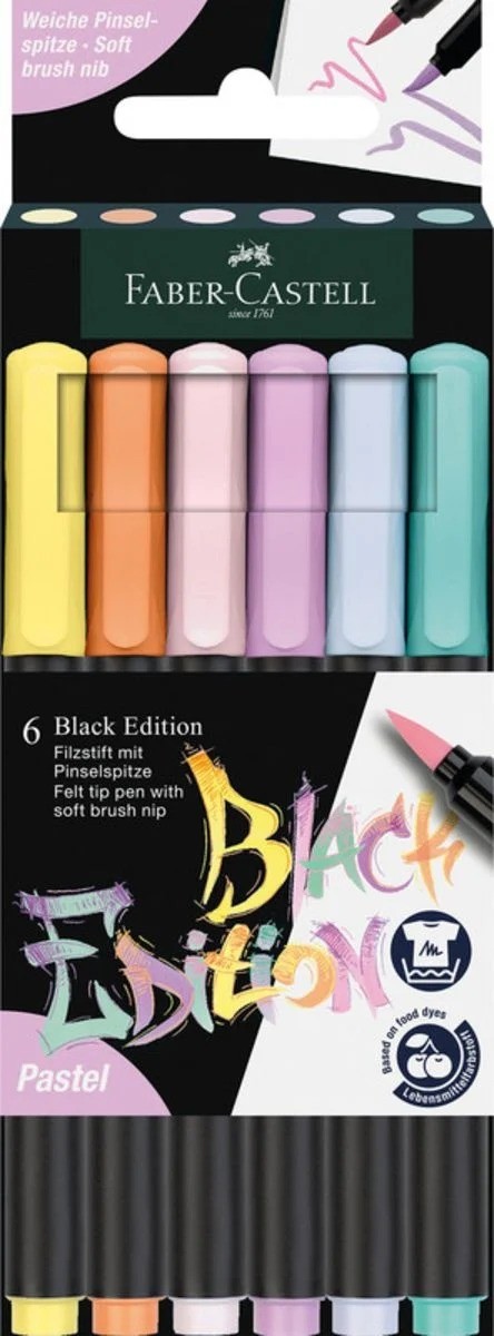 Комплект маркери с четка Faber-Castell Black Edition - 6 пастелни цвята ...