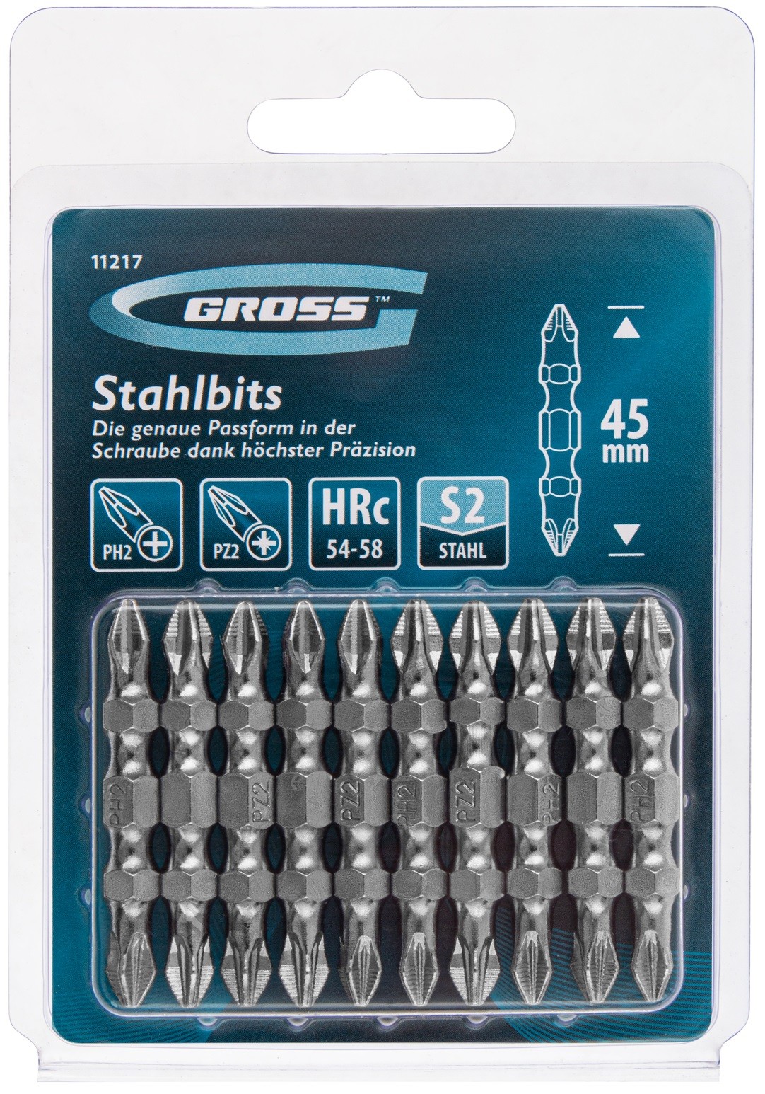 Комплект двустранни битове Gross - PH2-Pz2 x 45 mm, S2, 10 броя | Ozone.bg