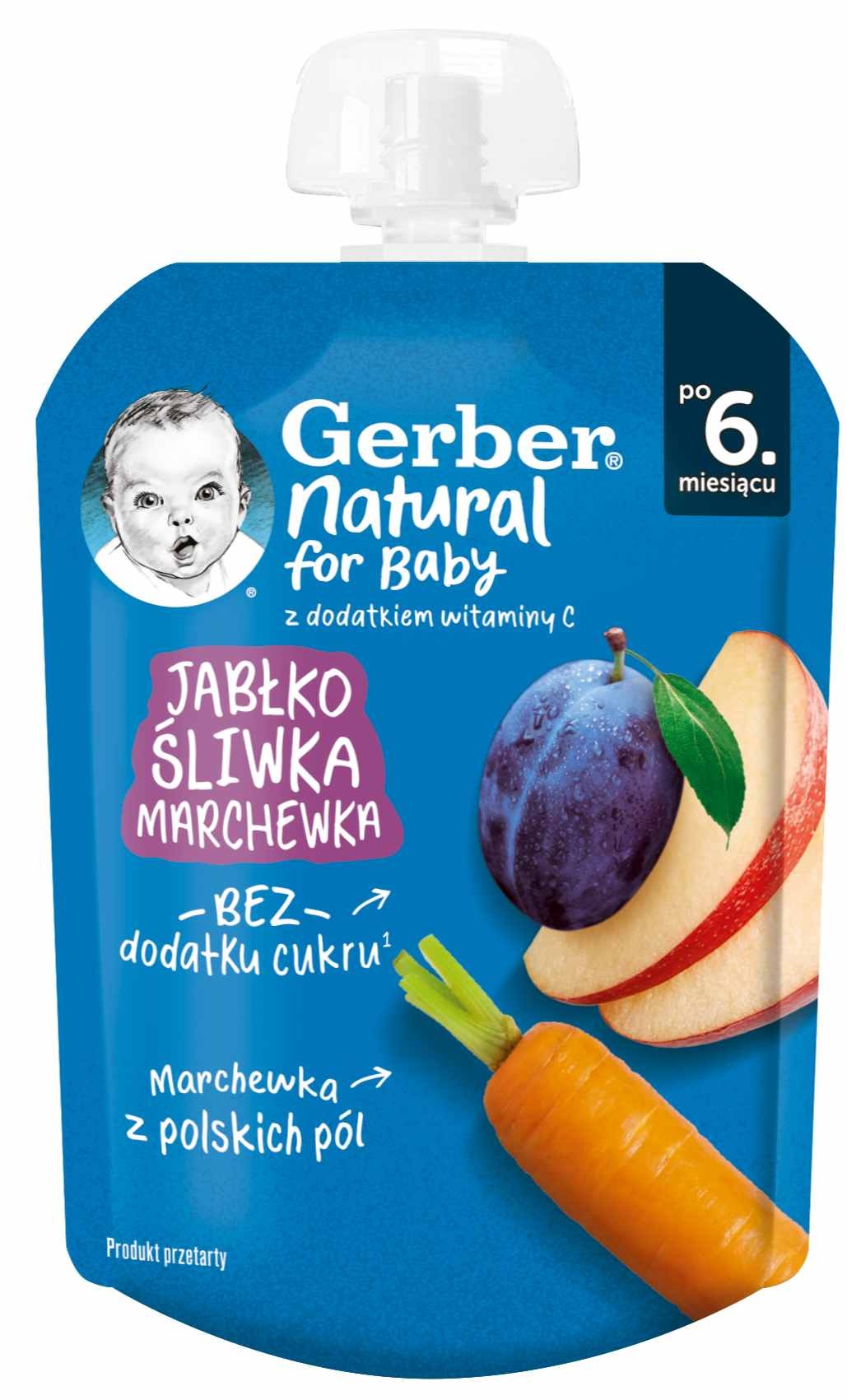 Плодово пюре Nestle Gerber - Пауч с ябълка, слива и морков, 6m+, 80 g ...