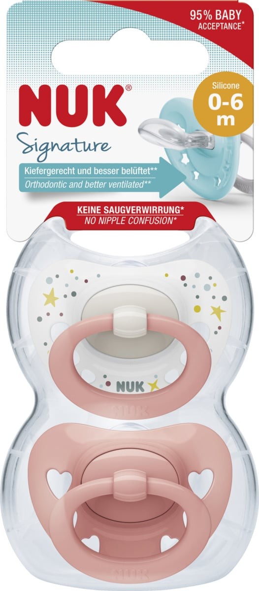 Силиконови залъгалки NUK - Signature, 0-6 м, 2 броя, за момиче