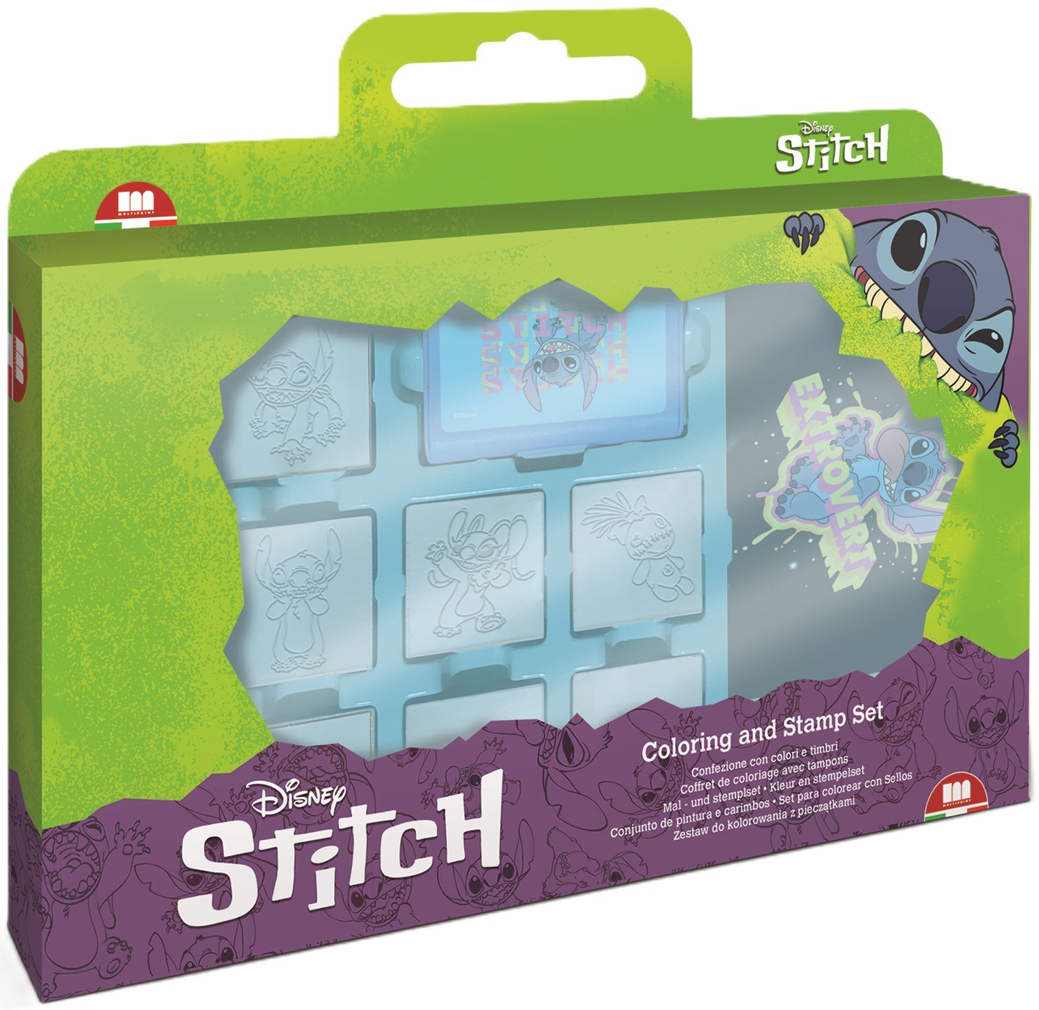 Kit Tampons Stitch Multiprint - 3 Tampons Bois + 3 Crayons + Encre Bleue Lavable, Loisir Créatif