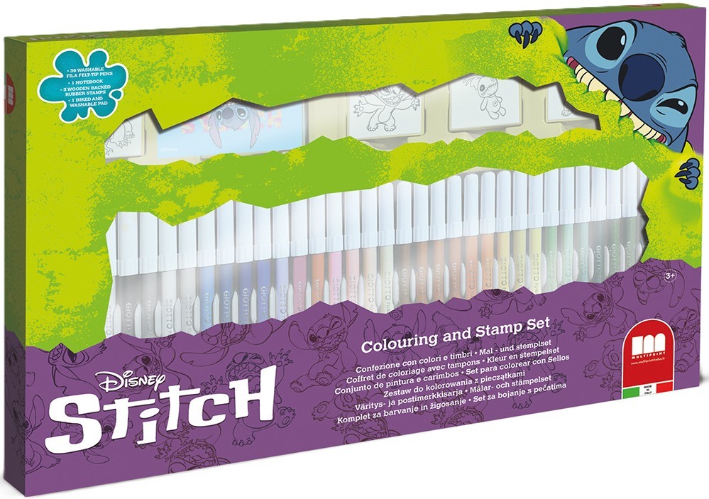 Kit De Tampons Multicolore Stitch Blister 3 Timbres - Avec Encre Lavable Bleue, Crayons De Couleur, Pour Enfants Créatifs
