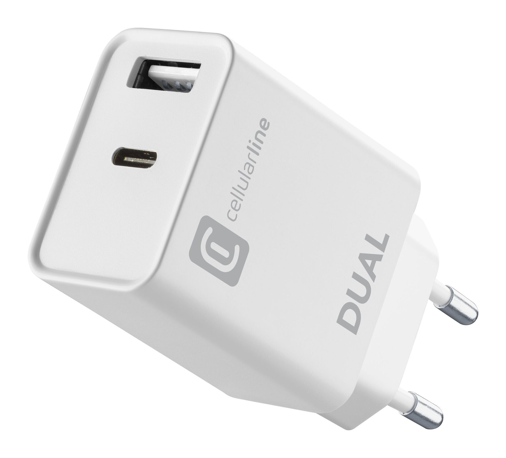 Зарядно устройство Cellularline Dual, USB/USB-C, 20W, бяло