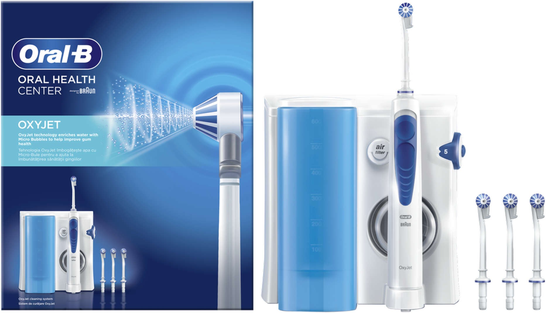 Зъбен душ Oral-B - OxyJet MD20, 5 степени, 600 ml, бял/син | Ozone.bg