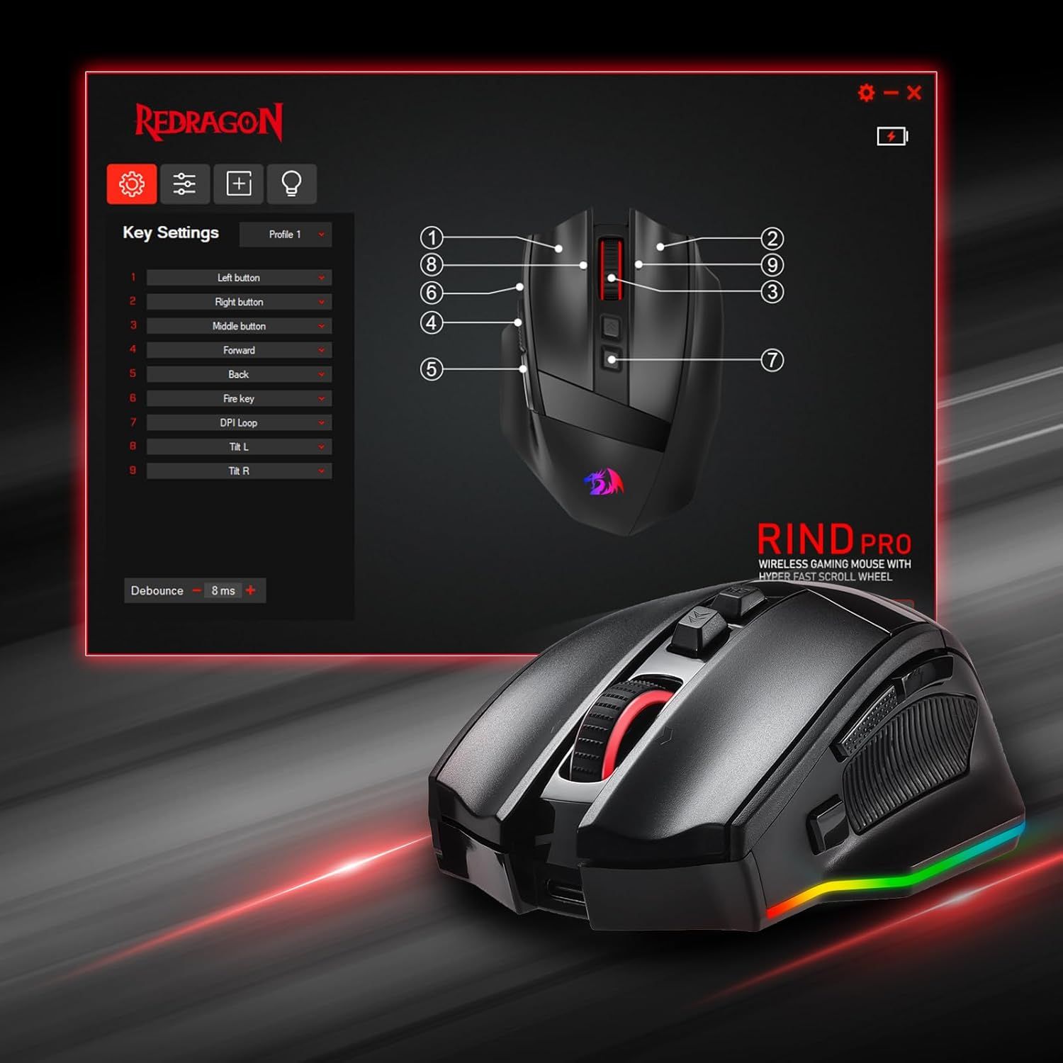 Ghafor Rind M Гейминг мишка Redragon - Rind Pro M813, оптична, безжична, RGB, черна ...