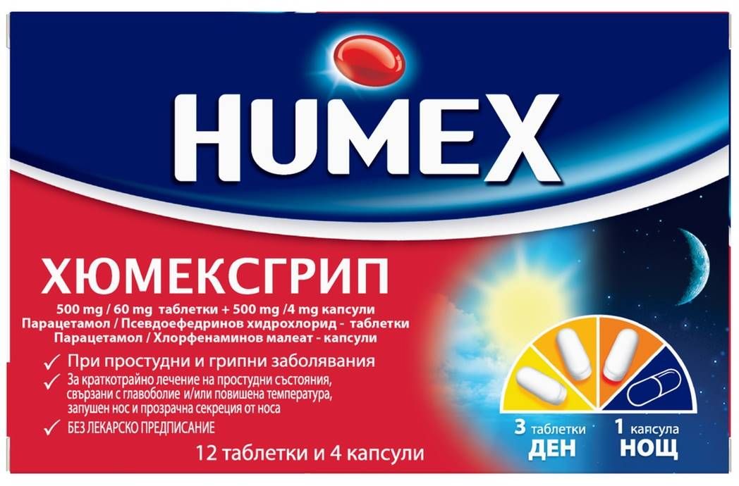 Хюмексгрип, 12 таблетки + 4 капсули, Humex | Ozone.bg
