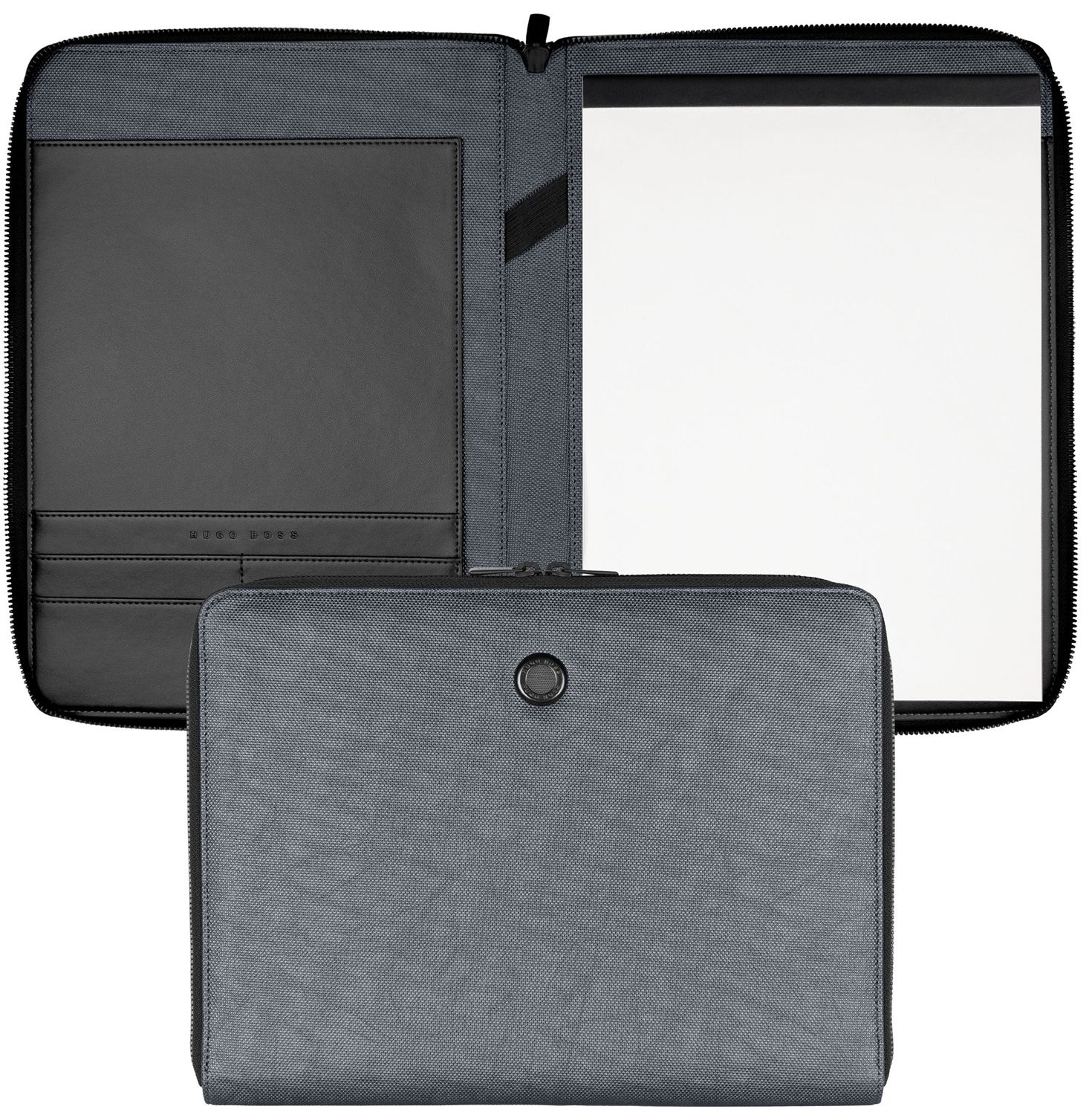 Conférencier (Classeur Zip) HUGO BOSS Gleam - Format A5 - Cuir Végétalien Gris Foncé - Bloc-notes Amovible Inclus