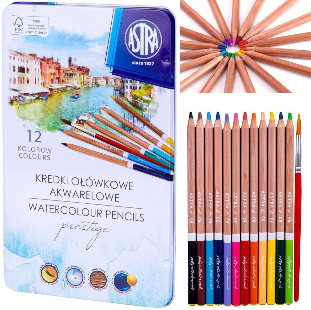 Цветни моливи Astra - акварелни, 12 броя, в метална кутия - 2