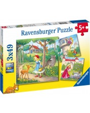 Пъзел Ravensburger от 3 x 49 части - Рапунцел, Червената шапчица, Принца-жабок