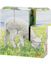 Дървени кубчета Goki - Животни от фермата, девет части -1