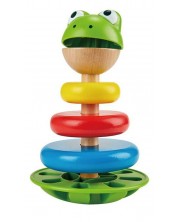 Дървена играчка за подреждане Hape - Жабка. с рингове и дрънкалка
