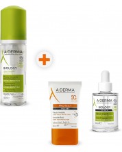 A-Derma Biology & Protect Комплект - Почистваща пяна, Серум и Слънцезащитен флуид, SPF 50, 150 + 2 x 30 ml (Лимитирано)