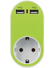 Адаптер EUROLAMP SA - 10338, 1 гнездo, 2x USB-A, зелен -1