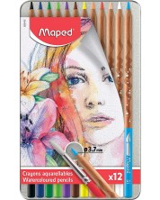 Акварелни моливи Maped Water Artist - 12 цвята, в метална кутия