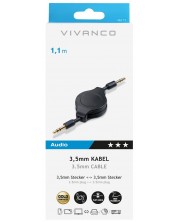 Аудио кабел Vivanco - жак 3.5 mm/жак 3.5 mm, с ролка, 1.1 m, черен -1