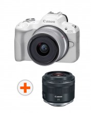 Безогледален фотоапарат Canon - EOS R50, RF-S 18-45mm, f/4.5-6.3 IS STM, бял + Обектив Canon - RF 35mm f/1.8 IS Macro STM