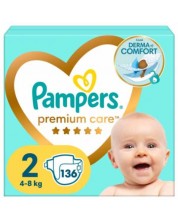 Бебешки пелени Pampers Premium Care - Mini, Размер 2, 4-8 kg, 136 броя