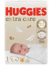 Бебешки пелени Huggies Extra Care - Размер 1, 2-5 kg, 50 броя