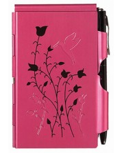 Бележник Troika Flip Notes - Raspberry Hummingbird, с метален калъф и химикалка
