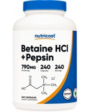 Betaine HCL + Pepsin, 240 капсули, Nutricost