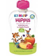 Био плодова закуска Hipp Hippis - Горски плодове, ябълка и праскова, 100 g -1
