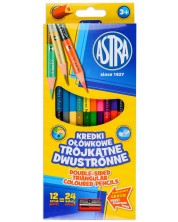 Двустранни триъгълни моливи Astra - 12 броя, 24 цвята, с острилка