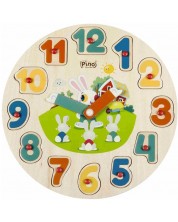 Дървен образователен пъзел Pino - Часовник и числа, зайчета -1