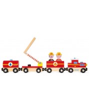 Дървена магнитна играчка Janod - Влак, пожарна команда