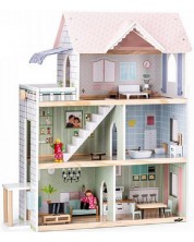 Дървена къща за кукли Woody - Моли, с обзавеждане и кукли -1