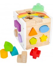 Дървен комплект за сортиране Small Foot - Куб с геометрични фигури, Дъга